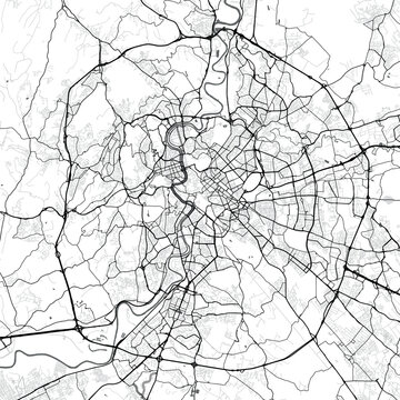 Minimal vector city map of Rome with streets, parks and Tiber River