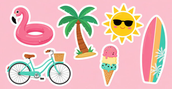 A collection of stickers featuring various beach and summer-related items such as umbrellas, boats, and sunglasses