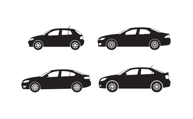 Fototapeta premium Set of silhouettes of various cars, car side view sedan hatchback sportcar isolated.