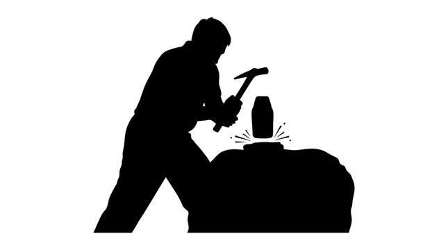 Blacksmith hammering metal on anvil isolated silhouette