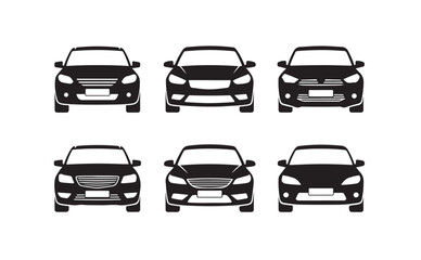 Fototapeta premium Set of black car silhouettes from front view isolated on transparent background.
