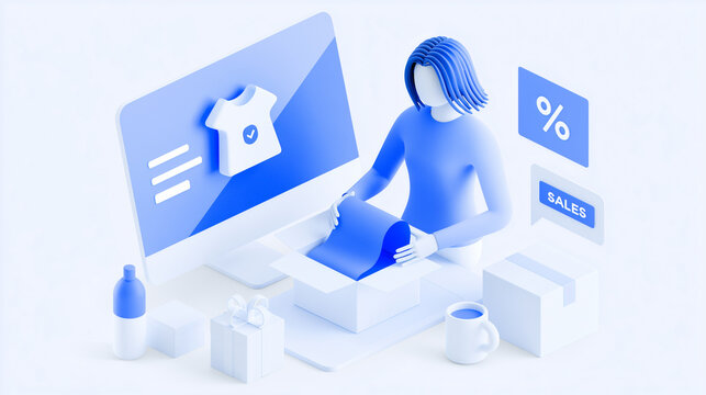 Online boutique owner packing customer orders while monitoring incoming sales, small business studio, , click on, online shop, sales, out of stock, online purchase, style