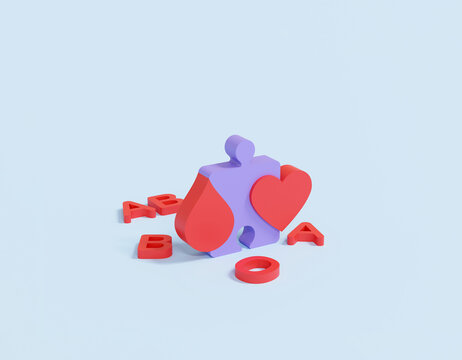 3D Blood Donation Concept with Blood Types, Heart and Puzzle Piece on Blue Background