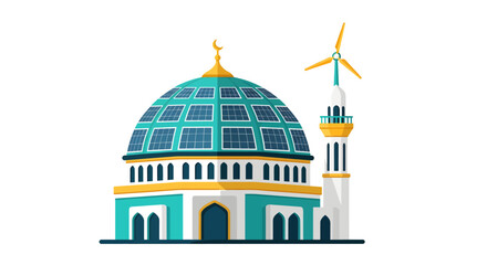 Obraz premium Eco-Friendly Mosque Illustration with Solar Panels and Wind Turbine - Sustainable Energy and Modern Islamic Architecture Concept