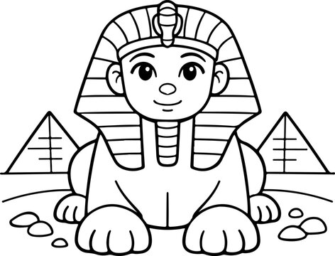 Sphinx de Gizeh et pyramides d'&Eacute;gypte&nbsp;: illustration dessin&eacute;e &agrave; la main, style dessin au trait, &agrave; colorier pour enfants
