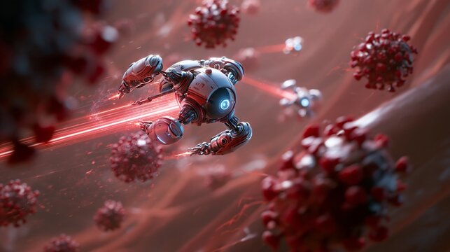 Advanced medical nanobots combating harmful viruses inside the bloodstream, futuristic microscopic healthcare technology in a realistic biological environment.