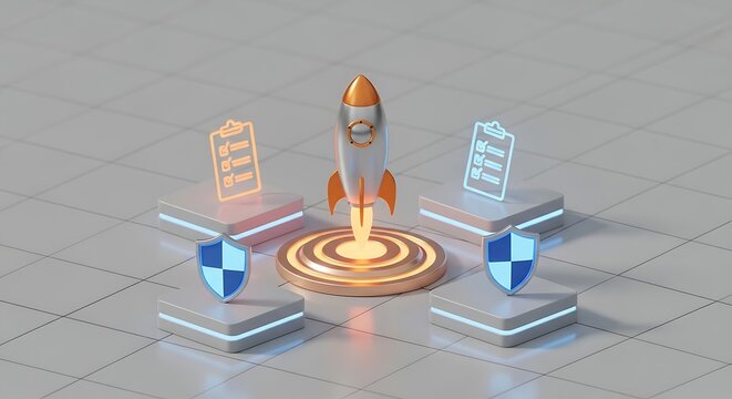 3D render of a rocket launching with glowing elements symbolizing a startup concept