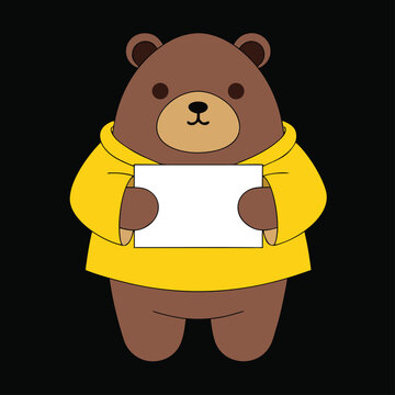 Cute cartoon brown bear wearing yellow hoodie holding blank sign vector