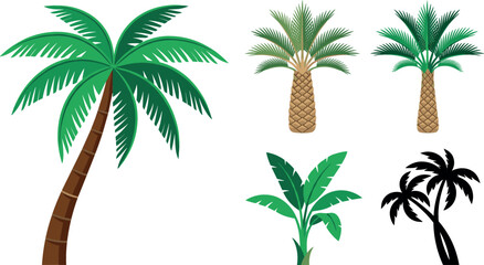Tropical palm trees and exotic foliage vector cartoon set featuring coconut palms date palm banana plant leaves and black silhouettes isolated on white background © MstRowshanAra