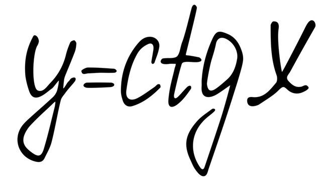 Black handwritten vector trigonometry formula y equals ctg x. Hand-drawn cotangent function equation on transparent background