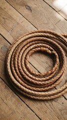 Obraz premium Coiled Leather Rope on Wooden Floor with Natural Texture and Warm Tone