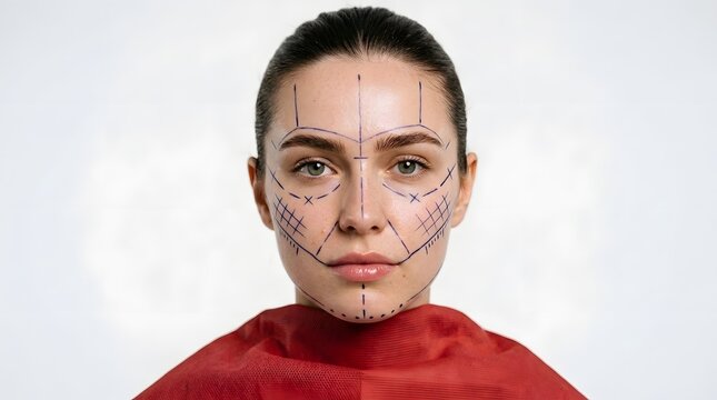 Cosmetic surgery planning woman with facial markings for procedure guidance