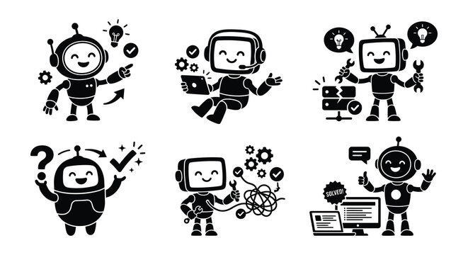 Robot Characters With Tools And Icons Black Vector Illustration