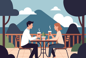 Obraz premium Happy couple enjoys hot drinks at a scenic terrace table with a majestic mountain peak in the background.