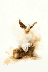 Fototapeta premium A white dove with brown wings flies down toward baby Jesus wrapped in white cloth, who lies in a hay-filled manger with a wooden barrel nearby