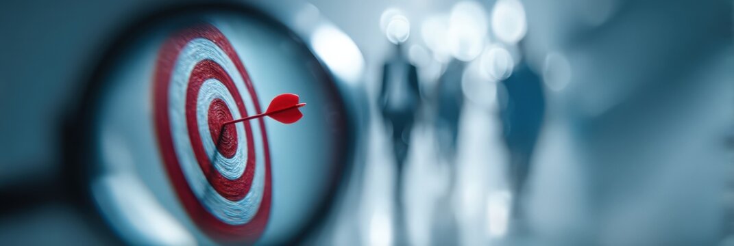 Close up of magnifying glass highlighting target with arrow hitting center. Concept of focus, precision, goal achievement, strategy, analytics and business success.