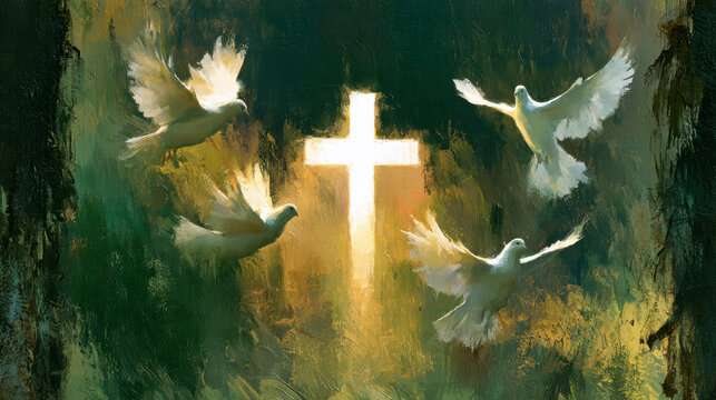 The painting shows a bright white cross in the center with doves flying around it, set against a dark background filled with rich colors and textures