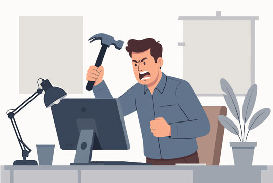 Frustrated and angry businessman raises a hammer to smash his computer screen due to office stress and technology malfunction.