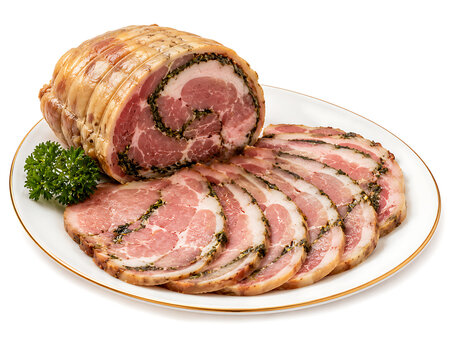 Lincolnshire chine, cured pork stuffed with parsley, sliced neatly on plate, traditional English delicacy