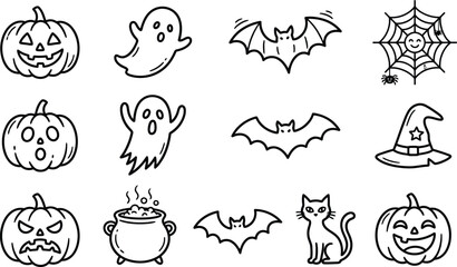 Fototapeta premium Halloween icons set including pumpkins ghosts bats and witch hat