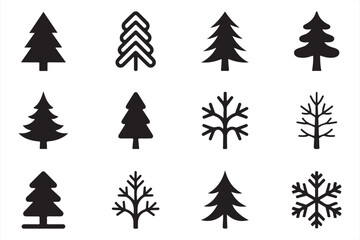 Obraz premium Stylized evergreen tree silhouettes and winter branch icons for festive holiday decorations.