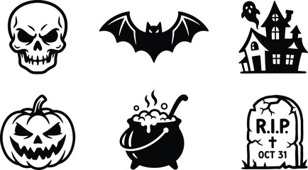Fototapeta premium Halloween icons set including skull bat haunted house pumpkin cauldron and tombstone