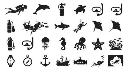 Marine Life And Diving Equipment Silhouette Collection © MD