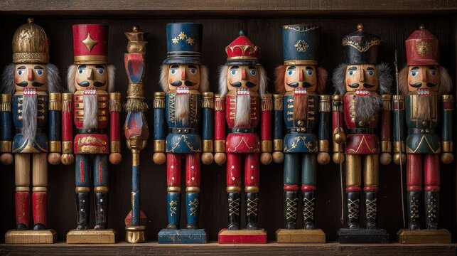 Antique Christmas nutcrackers arranged in formation on display shelf,