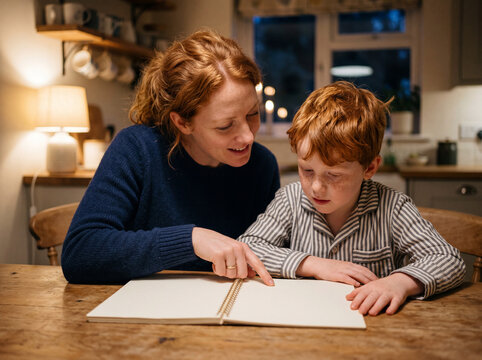 Mother reviewing the next school day schedule with her son at home during an evening back to school routine
