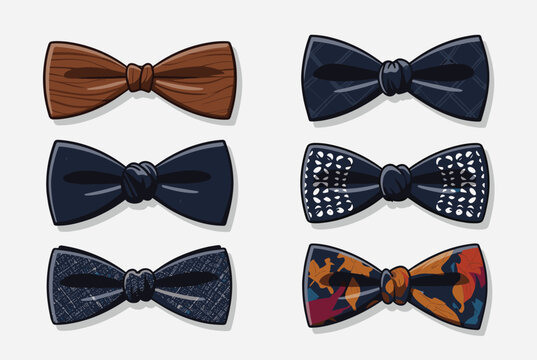Diverse set of six stylish bow ties featuring unique patterns, wood textures, and elegant colors on a plain background.