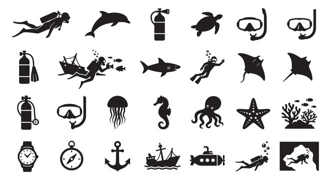Marine Life And Diving Equipment Silhouette Collection
