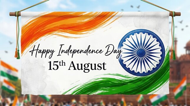 Indian independence day banner with saffron and green brush strokes featuring traditional flag chakra symbol for celebration.