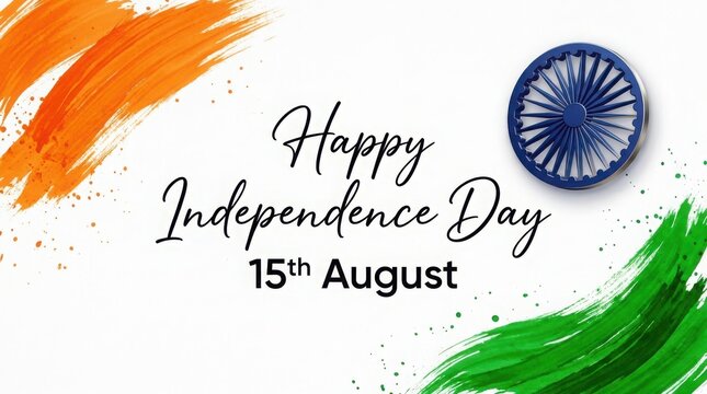 Minimalist happy independence day card featuring bold saffron and green brush strokes and central blue ashoka wheel graphic.