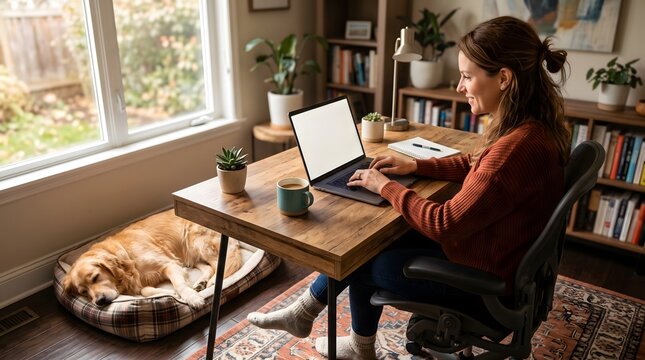 Remote work at home with a pet cat