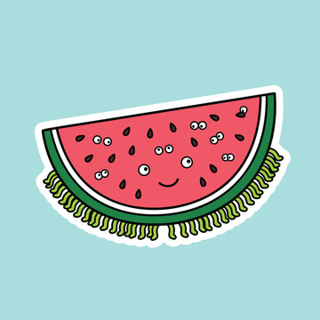 Cute smiling watermelon slice character with multiple cartoon eyes as seeds and green fringe, funny summer fruit sticker