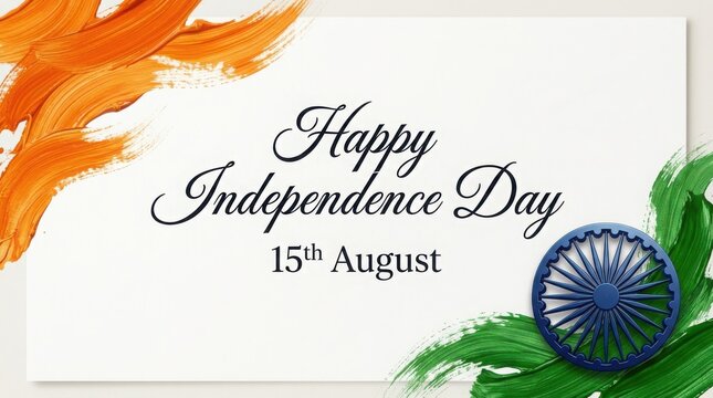 Happy independence day celebration greeting card design featuring artistic orange and green paint strokes with navy ashoka.