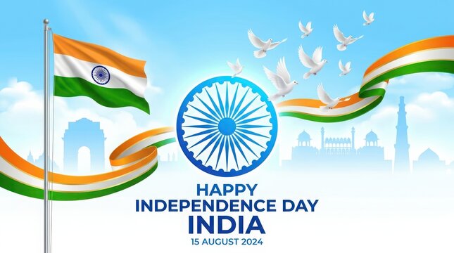Happy independence day india august 2024 greeting banner with national flag ashoka chakra and flying pigeons background.