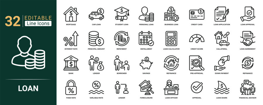 Loan and finance icon set, 32 outline symbols showing mortgage, credit score, interest rate and repayment for banking and lending app symbol vector.