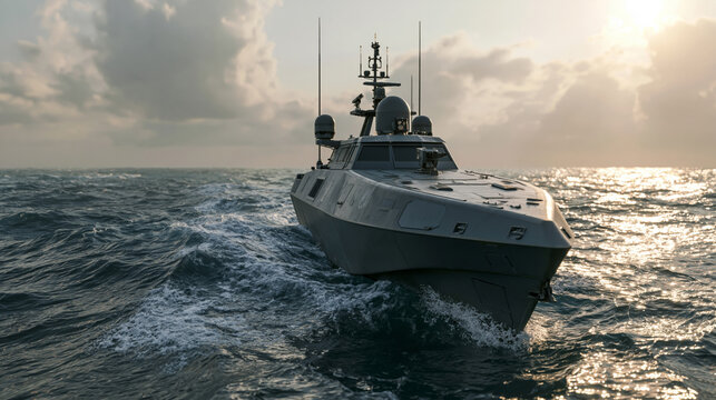 Military unmanned surface vessel equipped with radar systems patrolling tropical waters, cinematic maritime surveillance atmosphere