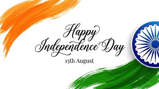 Festive happy independence day poster with brush stroke tricolor pattern and ashoka chakra wheel on clean white background.