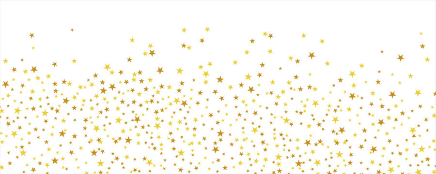 Falling down golden star confetti background. Splattered gold dotted glitter pattern. Yellow, orange, golden dot wallpaper. Christmas, New Year or birthday celebration party backdrop. Vector