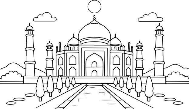 Taj Mahal, Inde, dessin au trait dessin&eacute; &agrave; la main, illustration style gribouillage, page de coloriage pour enfants