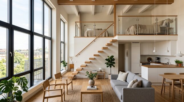 Modern loft apartment with mezzanine bedroom and city windows