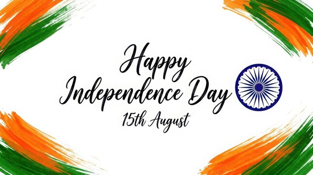 Elegant happy independence day greeting card with painted tricolor corner accents and traditional indian wheel illustration.