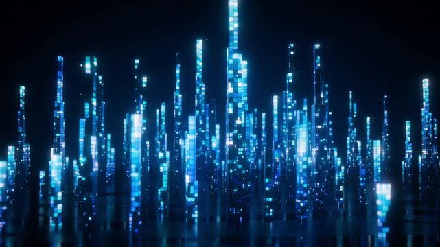 Glowing blue data towers rising in a digital city landscape for this high quality motion clip