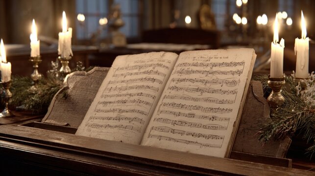 Antique Christmas sheet music displayed on piano with candles,