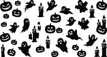 Obraz premium Halloween silhouettes ghosts jack o' lanterns and candles black on white
