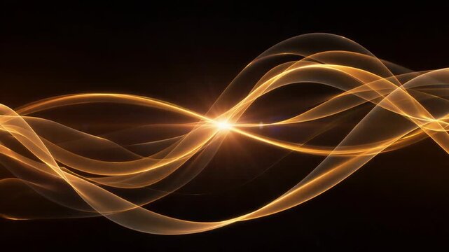 Golden glowing abstract light waves flowing in a smooth motion video clip with dark background