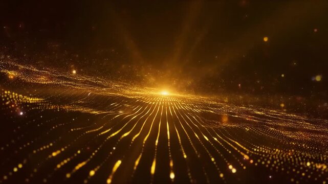 Abstract golden particle wave moving background with light rays 抽象的な金色の粒子ウェーブが動く背景光の光線