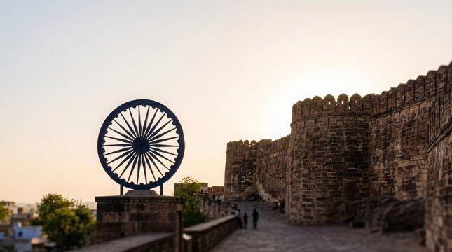 Historical stone fort with large dharma chakra symbol outdoors under bright sky at sunset representing ancient indian pride.